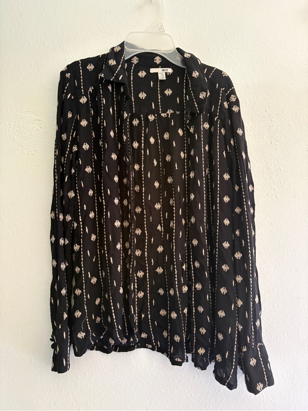 Amuse Society Black Button-Down Blouse with Cream Motif